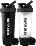 Kichly [2-Pack] 24-Oz Classic Protein Mixer Shaker Bottle with Twist and Lock Protein Box Storage 700 ml, (All Black & Clear/Black)