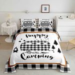 Boys Happy Camping Queen Size Comforter Set Kids Camper Decor All Season Bedding Set Girls Teens Rustic Farmhouse Comforter Camping Car Decor Geometric Quilt Set Bedroom Collection 3Pcs,White Black