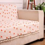 STITCHNEST Quilted Velvet Sofa Cover with Tassels – 70x60 Inch, Orange Floral Print with Stripes, Soft & Elegant, Washable Sofa Protector for 3-Seater