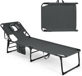 HAPPYGRILL Patio Lounge Chair, Folding Beach Tanning Chair with Face Hole, Outdoor Sunbathing Chair with Adjustable Backrest, Side Pocket, Pillow, Portable Recliner for Pool Backyard (Grey)