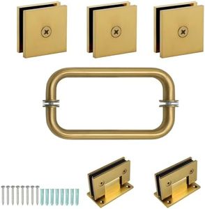 FEKEWIO Shower Door Hardware Kit Frameless Swing Hinged Wall in Shower Doors Accessories Parts for 5/16” 3/8” to 1/2" Thick Glass Panle with Hinges 8 inch Handles Glass Clamp - Brushed Gold