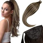 LaaVoo Human Hair Extensions Clip in Ponytail Hair Extensions Balayage Dark Brown Mix Caramel Blonde Real Hair Extensions Ponytail Straight Remy Hair Extensions 14Inch 70g #4/27/4