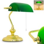 hofstein Classic banker's lamp, Retro Table lamp Made of Metal in Polished Brass, lampshade Made of Glass in Green, E27, Table lamp for Office and Desk, Pull Cord for Switching on/Off, Without Bulb