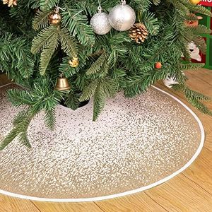 MACTING Christmas Tree Skirt, 48 Inch Large Tree Skirt with Glitter Snowcapped Printed, Rustic Burlap Snowflake Particles Tree Mat for Home Holiday Party Indoor Xmas Decorations