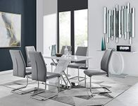Furniturebox UK Sorrento 6 Modern White High Gloss Stainless Steel Metal Dining Table and 6 Stylish Lorenzo Dining Chairs Seats Set (Dining Table + 6 Elephant Grey Lorenzo Chairs)