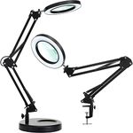 LED Magnifying Glass with Light, Metal Swing Arm Magnifier Desk Lamp with Clamp and Stand,3 Color Modes,5X Magnification,10 Brightness Levels,Desk Light for Reading/Working/Office-Black