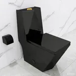 WinZo Square One Piece Toilet Black With Gold Button For Modern Bathroom,Diamond-shaped Sleek Design Elonagted Rectangle 17" Comfort Bowl,Glossy Black