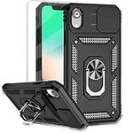 Teayoha for iPhone XR Phone Case, with Screen Protectors and Camera Cover, Military Grade Shockproof Cover with Magnetic Rotatable Ring Kickstand Protective Case for iPhone XR 6.1'',Black