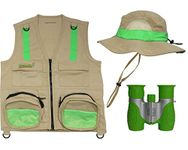 M/L Combination Set: 1 Tan Cargo Vest for Kids with Reflective Safety Straps - 1 Floppy Bucket Hat w