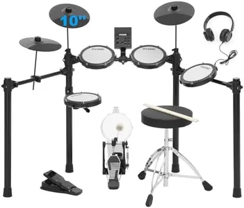 RVONE Electric Drum Set with Kick Hammer Pedal, Electronic Drum Kit for Beginner Adult with 150 Sounds, 10" Cymbals, 4 Quiet Mesh Pads, all-in-one drum set with Throne, Headphones, Sticks