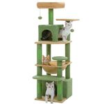 PAWZ Road Small Cat Tree, 136cm Cat Tower for Small Medium Cats, Cat Condo with Sisal-Covered Scratching Posts and Pads, 2 Padded Perch, Dual Condo and Basket for Indoor Cats-Green