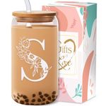 Glass Cup Birthday Gifts for Women Personalized Monogram Gift for Women - 16 oz Clear Bamboo Glass Cups with Lid Straws Gifts for Mothers Day for Friends Teacher Nurse Mom Sister Aunt Letter S