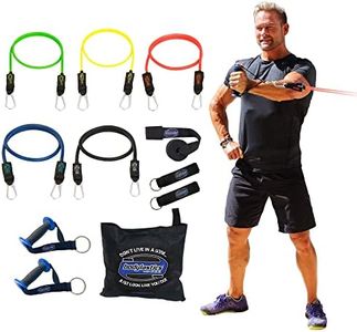 Bodylastics Resistance Band Set, 5 Resistance Bands for Working Out, Exercise Bands with Handles and Gym Ankle Straps, Stackable Workout Bands, Up to 96 lbs, Patented Clips & Snap Reduction Tech
