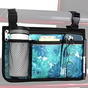 Wheelchair Side Bag, Upgrade Flower Color Armrest Storage Pouch with Cup Holder and Reflective Strip Use of Waterproof Fabric, for Most Wheelchairs, Walkers or Rollators (Blue Floral)