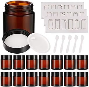 15 Pack 4 oz Amber Glass Jars with Lids, Round Empty Containers for Scrubs, Lotions, Cosmetic, Ointments and Butters, Travel Storage Jar with White Inner Liners £¬Black Lids, lables and Spatulas