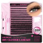 DIY Eyelash Extension Kit D Curl Fluffy Wispy Lash Clusters Individual Lashes Lash Extension Kit with Lash Bond and Seal Applicator Tool for Self Application at Home (80P-280Pcs-Mix10-16mm-0.07D)