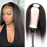 Huarisi 20 inch Kinky Straight U Part Wig Human Hair, Natural Yaki Straight None Lace Front Wig for Women, Brazilian Hair Wigs U Shape Natural Color 150% Density