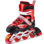 Rylan 4 Wheels Adjustable Inline Skates Skating Shoes for Boys Kids Girls Skating Shoe Adjustable Roller Blades Age 6 to 15 Years PU Strong Wheels Aluminium with LED Flash Light on Wheels (Red).