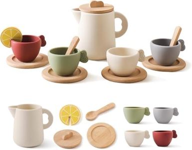 Wooden Tea Set for Little Girls, Enchanting Tea Party Set Silicone Tea Set Teapot Cups Carrying Scoop Kids Kitchen Accessories Toys Toddler Tea Set Girls Gift