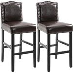 HOMCOM Bar Stools Set of 2, PU Leather Armless Bar Height Kitchen Chairs with Back, Barstools with Nail Head Trim and Solid Wood Legs, Espresso