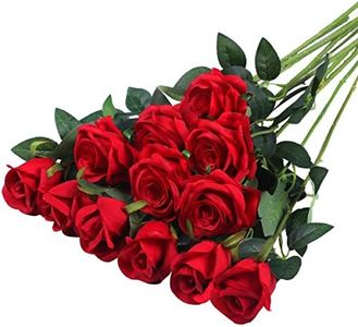 12 Pcs Rose Artificial Flowers, Realistic Blossom Fake Roses with Stems, Single Silk Rose Flower Bouquet for Wedding Centerpieces Arrangement Bridal Shower Party Home Table Decorations (Red)