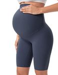 Buttergene Maternity Shorts Over Belly Maternity Biker Shorts Pregnancy Shorts Athletic Workout Bike Running Shorts Pants, Navy, M