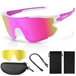 Odoland Polarized Cycling Glasses, Sports Sunglasses with Interchangeable Lense, UV 400 Protection, MTB Biking Baseball Running Sports Glasses for Men Women Youth, Pink