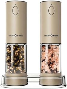 ThermoMaven Electric Salt and Pepper Grinder Set, 110ml Larger Rechargeable Automatic Salt and Pepper Mill Grinder with 6 Adjustable Coarseness, Electric Salt and Pepper Shakers, LED, Greige
