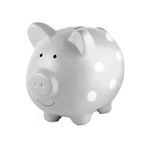 Pearhead Large Piggy Bank, Ceramic Money Bank For Kids, Baby Keepsake Gift, Gender Neutral Nursery Décor, Grey Polka Dot