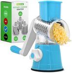 Nutrichef 3 in 1 Cheese Grater & Shredder | Strong Suction Base, Rotary Handle with Safety Lock | Includes Cleaning Brush, Hand Crank & 3 Drum Blades for 3 Textures, Fine, Medium & Strips | Blue