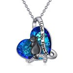 AOBOCO Black Cat Necklace 925 Sterling Silver Cat in My Heart Pendant Necklace with Blue Heart Crystal from Austria, Cat Jewellery Gifts for Cat Lovers