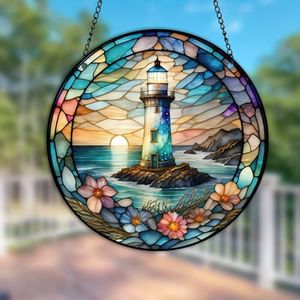 HOTIYOK Lighthouse Window Hangings Acrylic Sunrise Beacon Light Stained Glass Panels Wall Decor for Indoor, Ideal Housewarming Gift Home Decor for Mom Grandma Wife Teacher