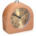 Navaris Wood Analog Alarm Clock - Half-Round Gold Face Battery-Operated Non-Ticking Clock with Snooze Button and Light - Light Brown