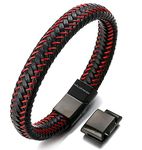 HALUKAKAH Plus ● Jazz ● Men's Genuine Leather Bracelet Titanium Magnetic Clasp Size Adjustable 8.5"-9"(21.5-23cm) with Free Giftbox(Red)
