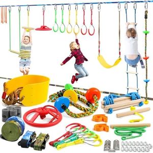 Perantlb Ninja Warrior Obstacle Course for Kids - 2 x Ninja Slackline 50 'with 12 Accessories for Kids, Including Swings, Rope ladders, Rings, Ninja Rings, etc