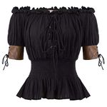 Belle Poque Women Medieval Blouse Top Short Sleeves Smocked Waist Vintage Blouse Black XL