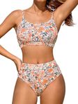 CUPSHE Women's Bikini Set Two Piece Swimsuit High Waisted Scoop Neck Knit Pale Tan/Floral Swimwear M