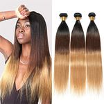 DUAUJUIU Straight Ombre Bundles 1B/4/27 Brazilian Virgin Human Hair 3 Tone #1B 4 27 Honey Blonde Straight 3 Bundles 300g Human Hair Extensions 22 24 26 Inches