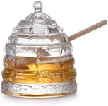 Whole Housewares Honey Dispenser No Drip - Maple Syrup Dispenser Glass - Beautiful Honey Comb Shaped Honey Pot - Honey Jar with Dipper & Lid, Great Bee Decor Glass Syrup Dispenser for Pancakes - 10 Oz