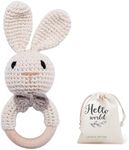 Wooden Baby Rattle Lovely Crochet Bunny Ring Rattle Baby Toys,Beige Bunny