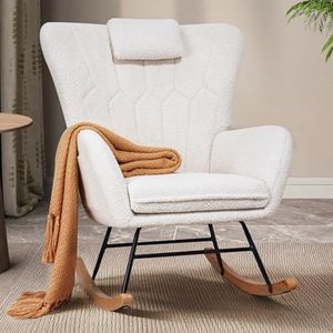 VECELO Rocking Chair Nursery with Thick Headrest, Modern Teddy Upholstered Reading Glider Rocker Accent Armchair with High Backrest, Padded Seat, Side Pocket, for LivingRoom, Bedroom, Baby Room, White