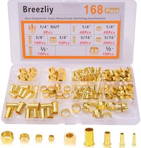 Breezliy 150PCS Tube OD（1/4" 5/16" 3/8" 1/2") Brass Compression Sleeves Ferrules & Insert,4 Sizes Brass Compression Fitting Assortment Kit (168pcs Sleeves Ferrules, Inserts, Nuts)