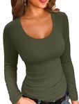 VICHYIE Fall Women's Square Neck Long Sleeve Shirts Scoop Ribbed Henley Tee Slim Fitted Casual Basic Tshirts Top Blouses Green L