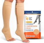 SHORT/PETITE Zippered Compression Socks with Open Toe - Best Leg Support Stocking (Short) (4XL(Short) - Calf 19-20in, Beige)