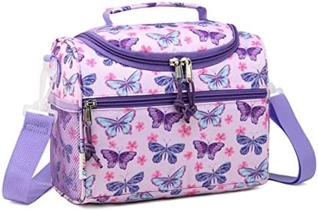 Lunch Bag for Kids,RAVUO Insulated Lunch Box for Boys and Girls Cute Lunch Pale with Detachable Shoulder Strap (Purple Butterfly)