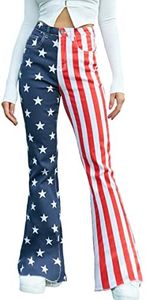 Yuanbang Flare Jeans for Women High Waisted Stretchy American Flag Bell Bottoms Denim Flare Pants, Red/White Strips, 12