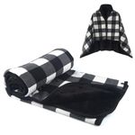 forestfish Fleece Wearable Blanket, Plaid Lap Blanket Comfy Poncho Throw with Buttons for Bed Sofa Office, Black-White