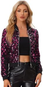 Allegra K Blouson Aviateur Pailleté à Manches Longues et Paillettes pour Femmes Rose Vif L