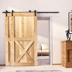 Homacer Black Rustic Single Track Bypass Sliding Barn Door and Hardware Kit, for Two/Double Door, Door Width 54in and Door Height 84in, 9ft Long Flat Track, Straight Design Roller, Interior Use Only