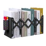 Expandable Metal Bookends, MSDADA Adjustable Book Ends Heavy Duty Book Holder Desktop Book Stand Non-Skid Desk Organizer for Kids Student Home Office School Bookshelf Book Storage (Black)